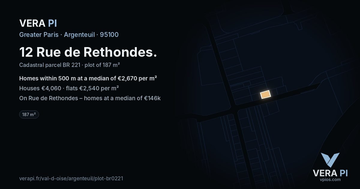 12 Rue de Rethondes, Argenteuil at night – the plot lit, the parcels around coloured by the prices near them