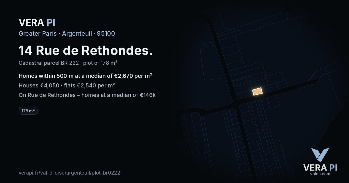 14 Rue de Rethondes, Argenteuil at night – the plot lit, the parcels around coloured by the prices near them