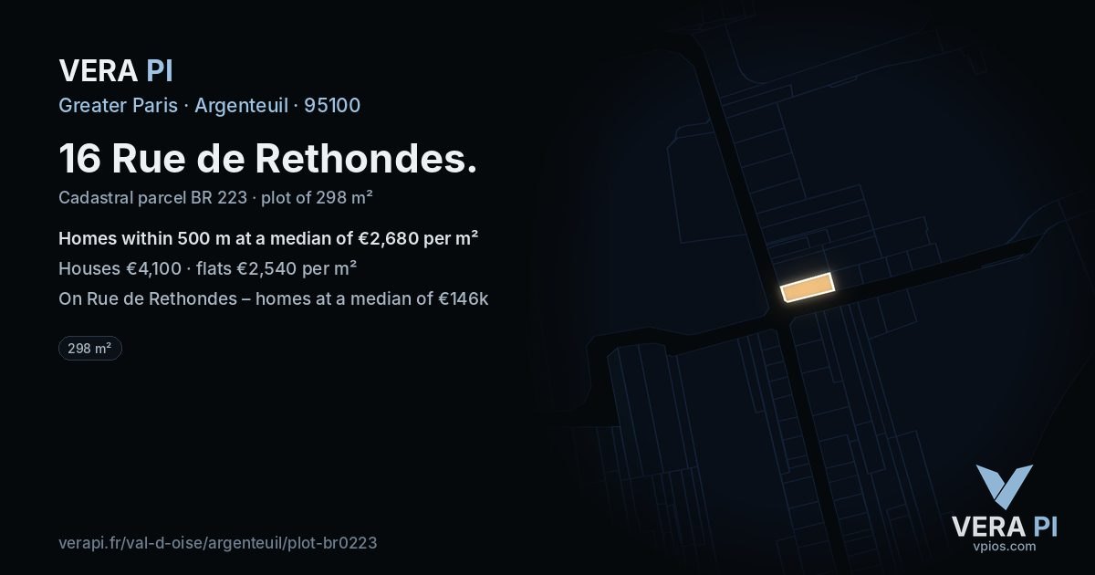 16 Rue de Rethondes, Argenteuil at night – the plot lit, the parcels around coloured by the prices near them