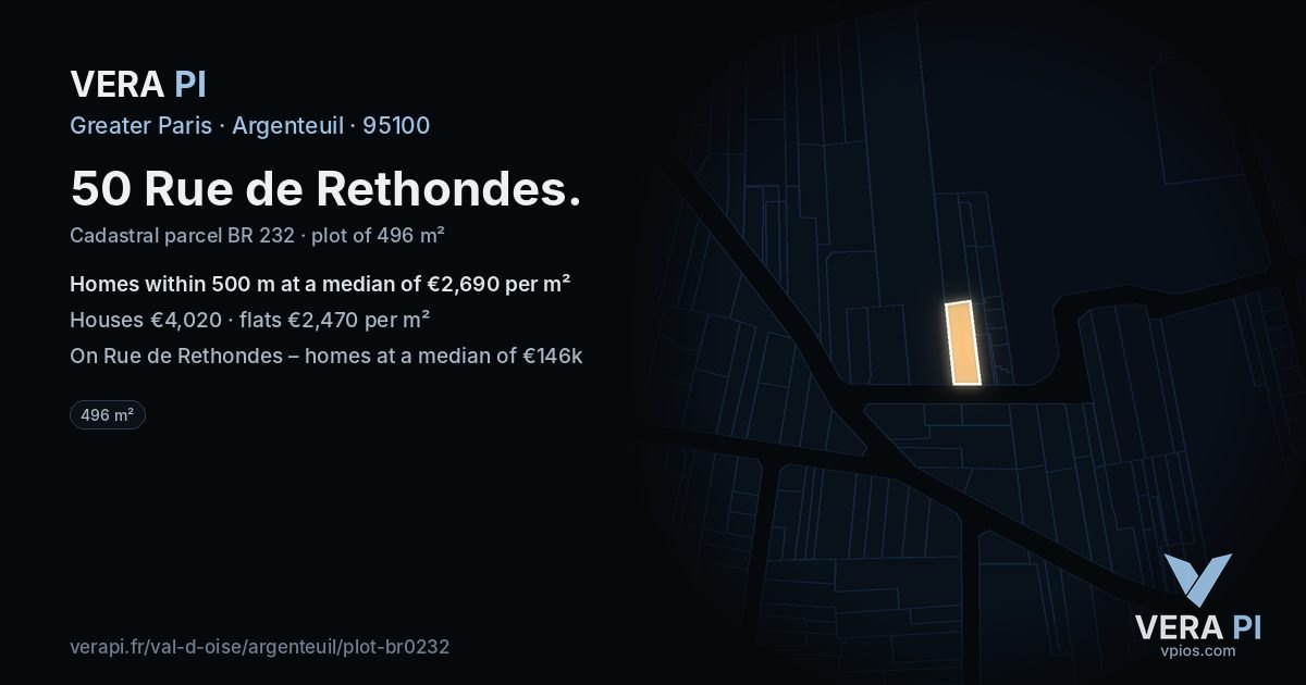 50 Rue de Rethondes, Argenteuil at night – the plot lit, the parcels around coloured by the prices near them