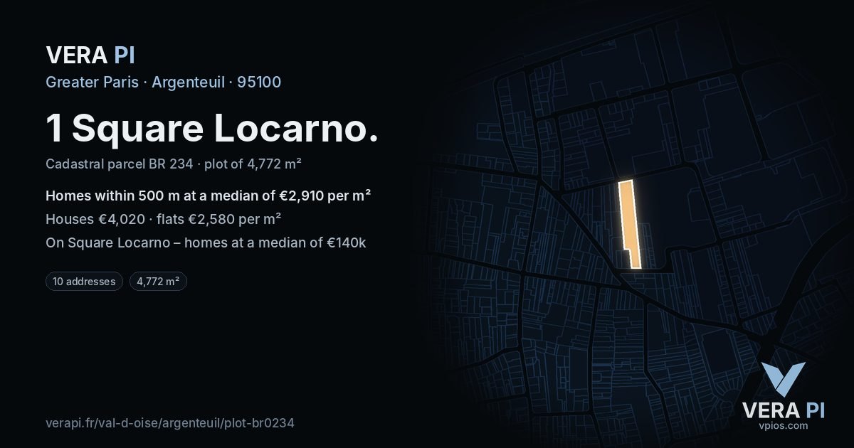 1 Square Locarno, Argenteuil at night – the plot lit, the parcels around coloured by the prices near them