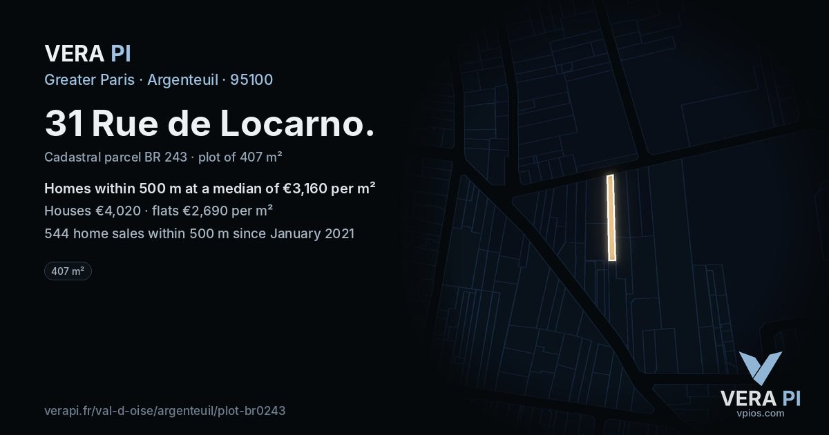 31 Rue de Locarno, Argenteuil at night – the plot lit, the parcels around coloured by the prices near them