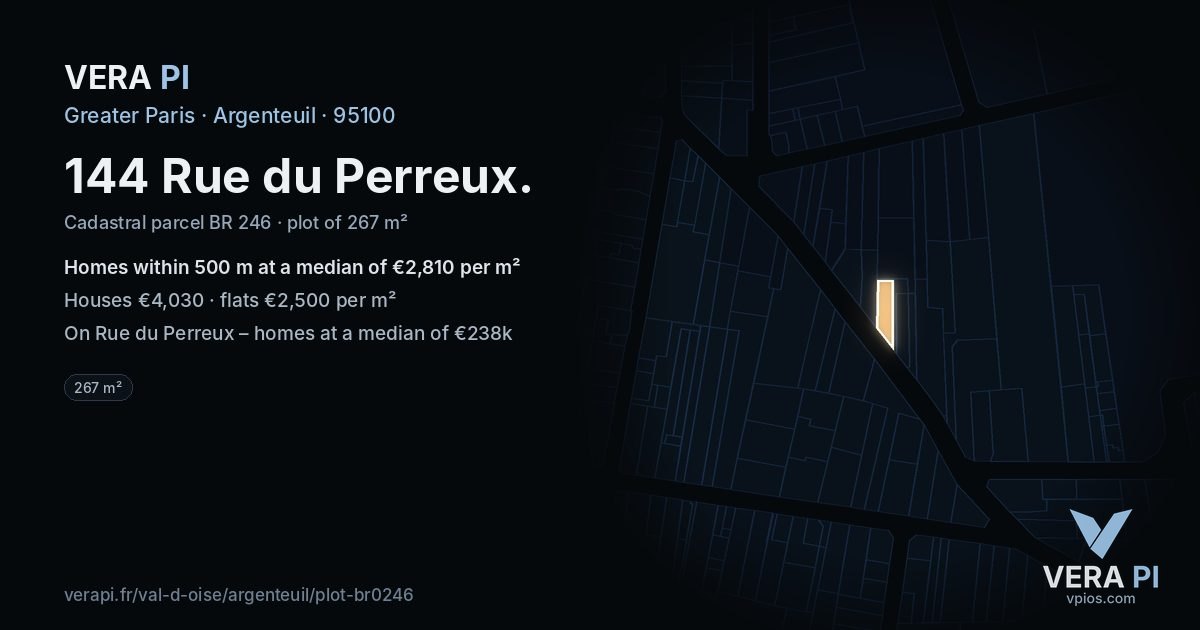 144 Rue du Perreux, Argenteuil at night – the plot lit, the parcels around coloured by the prices near them