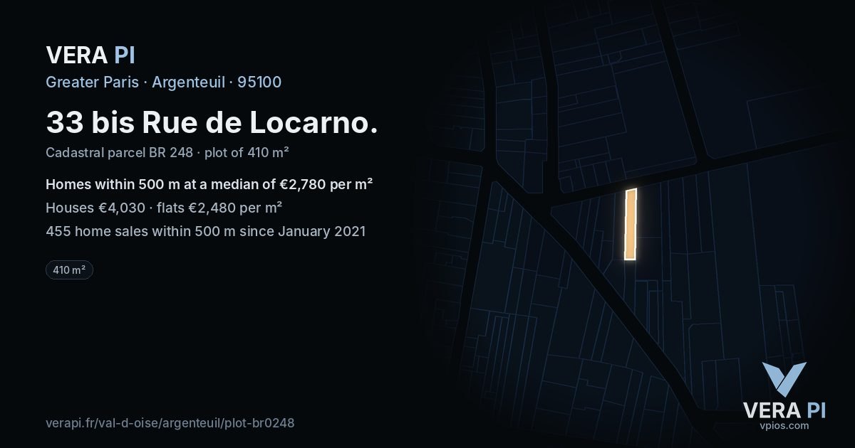 33 bis Rue de Locarno, Argenteuil at night – the plot lit, the parcels around coloured by the prices near them