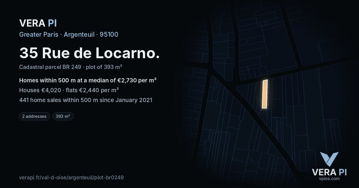 35 Rue de Locarno, Argenteuil at night – the plot lit, the parcels around coloured by the prices near them