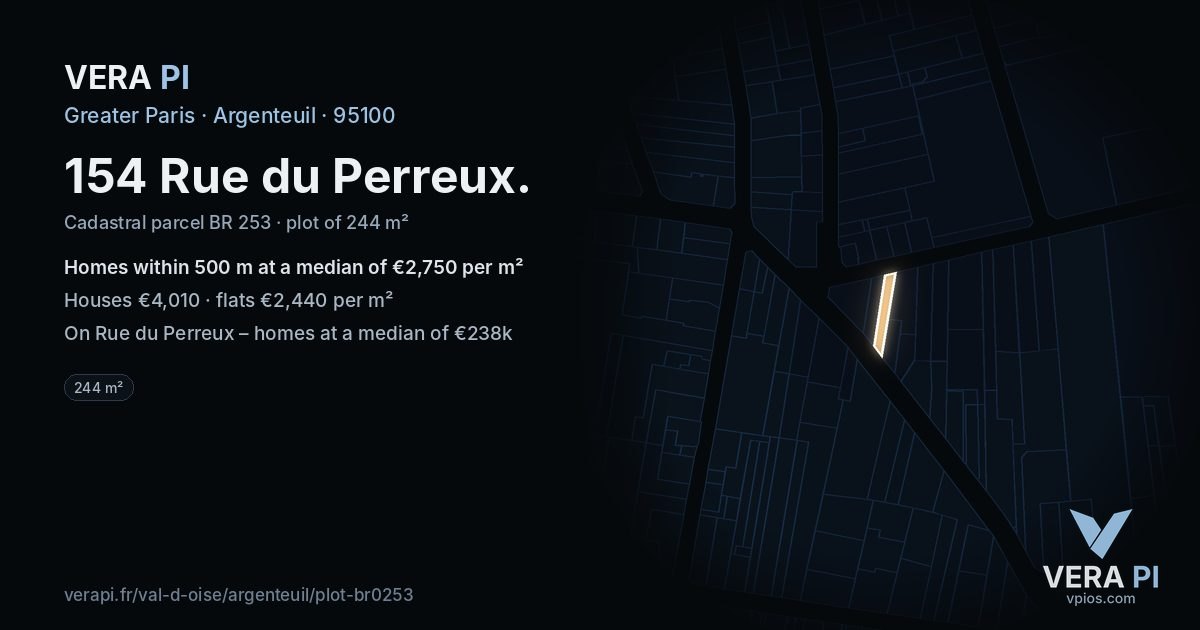154 Rue du Perreux, Argenteuil at night – the plot lit, the parcels around coloured by the prices near them
