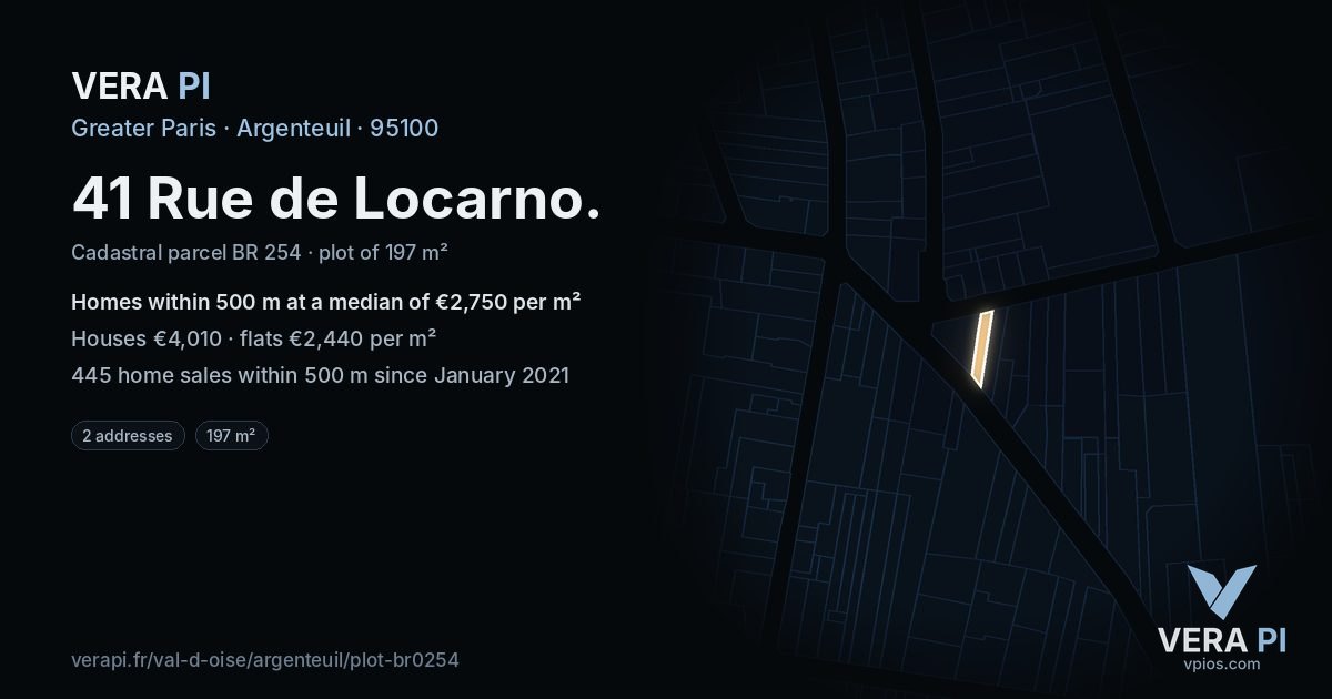 41 Rue de Locarno, Argenteuil at night – the plot lit, the parcels around coloured by the prices near them