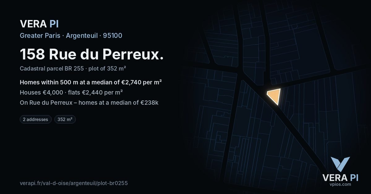 158 Rue du Perreux, Argenteuil at night – the plot lit, the parcels around coloured by the prices near them