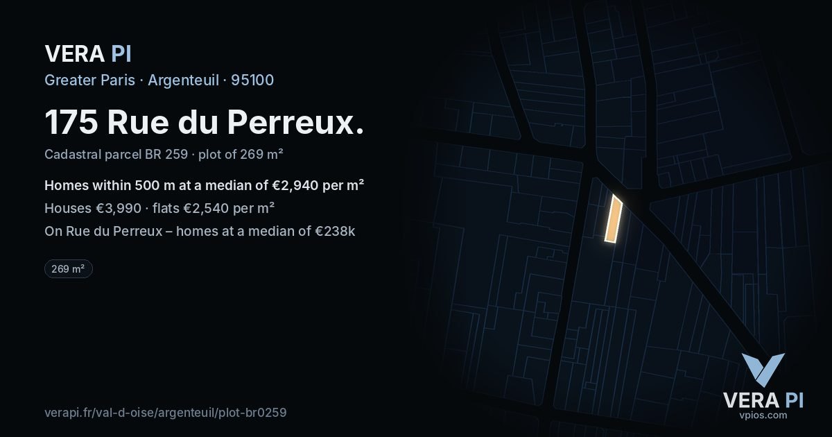175 Rue du Perreux, Argenteuil at night – the plot lit, the parcels around coloured by the prices near them