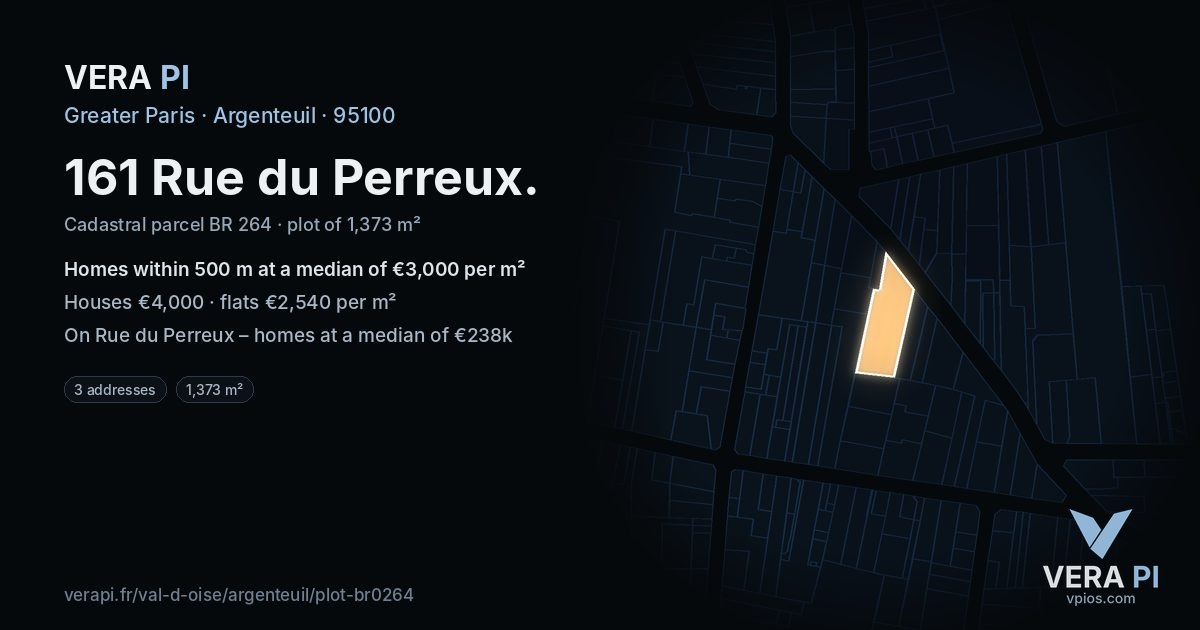 161 Rue du Perreux, Argenteuil at night – the plot lit, the parcels around coloured by the prices near them