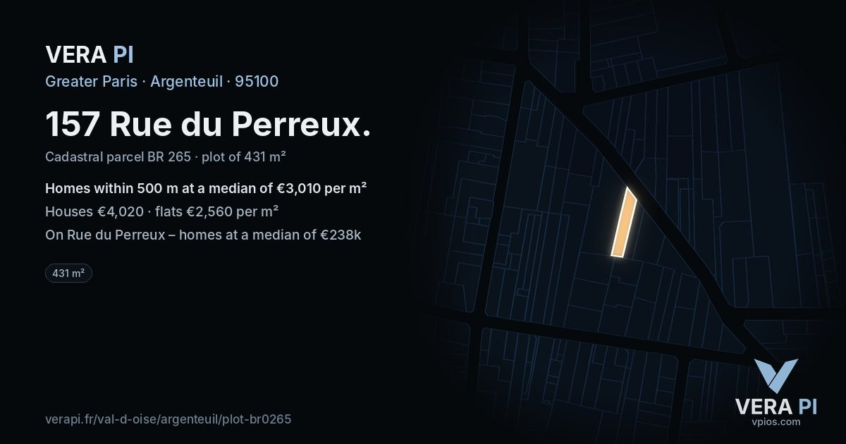 157 Rue du Perreux, Argenteuil at night – the plot lit, the parcels around coloured by the prices near them