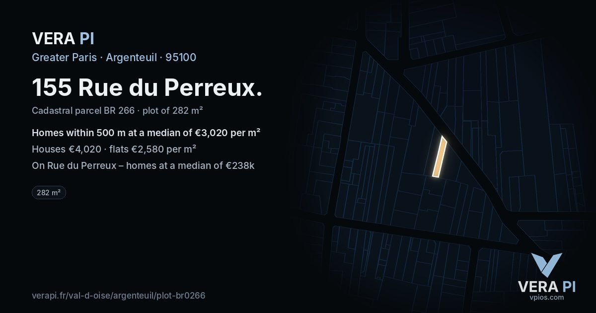 155 Rue du Perreux, Argenteuil at night – the plot lit, the parcels around coloured by the prices near them
