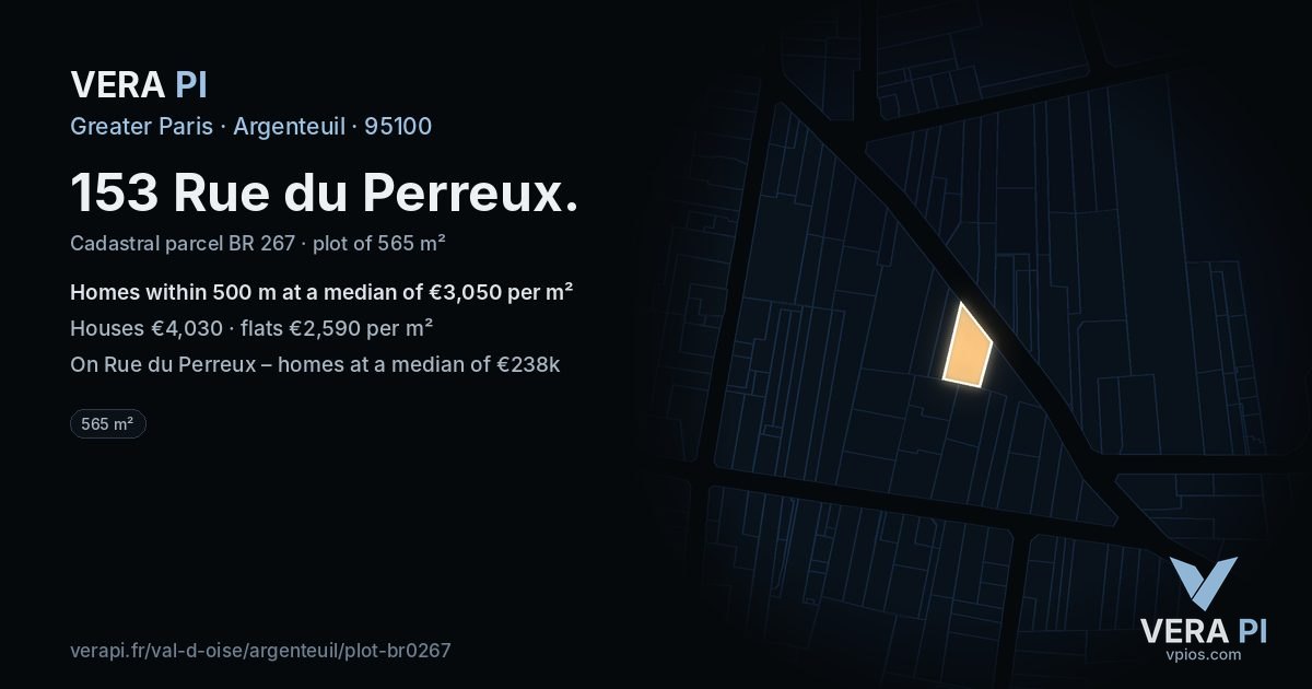 153 Rue du Perreux, Argenteuil at night – the plot lit, the parcels around coloured by the prices near them
