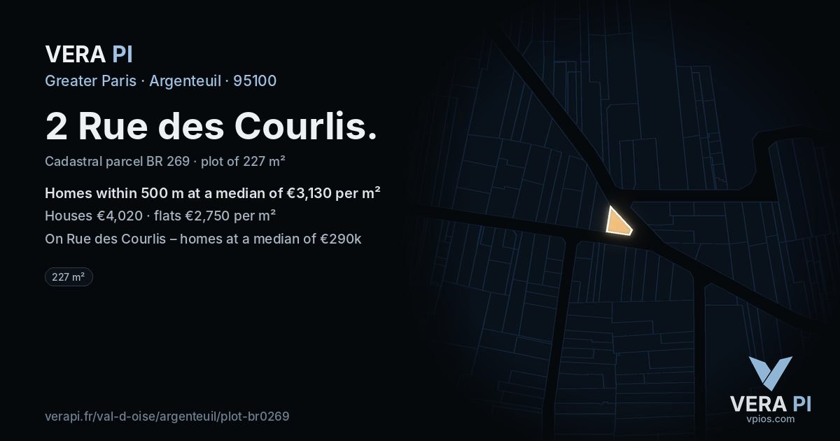 2 Rue des Courlis, Argenteuil at night – the plot lit, the parcels around coloured by the prices near them
