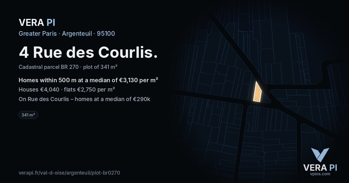4 Rue des Courlis, Argenteuil at night – the plot lit, the parcels around coloured by the prices near them