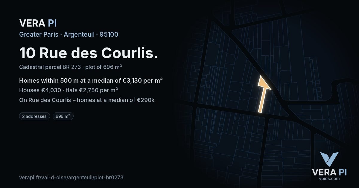 10 Rue des Courlis, Argenteuil at night – the plot lit, the parcels around coloured by the prices near them
