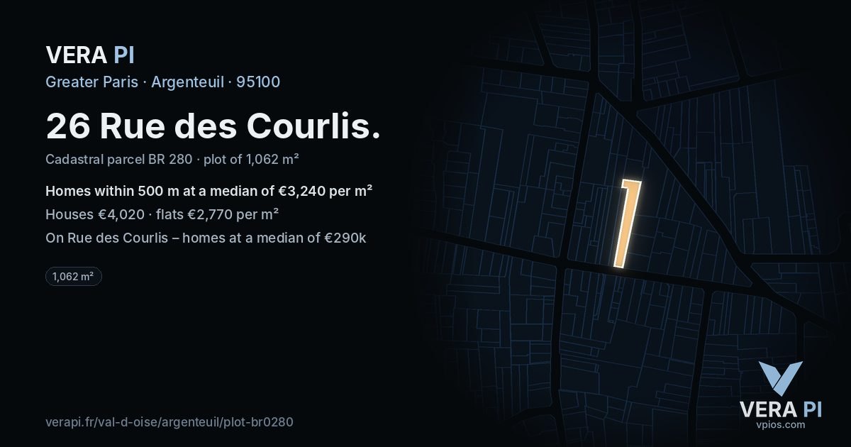 26 Rue des Courlis, Argenteuil at night – the plot lit, the parcels around coloured by the prices near them