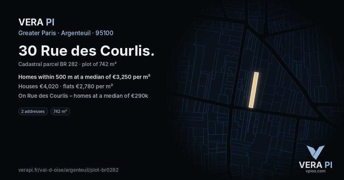 30 Rue des Courlis, Argenteuil at night – the plot lit, the parcels around coloured by the prices near them
