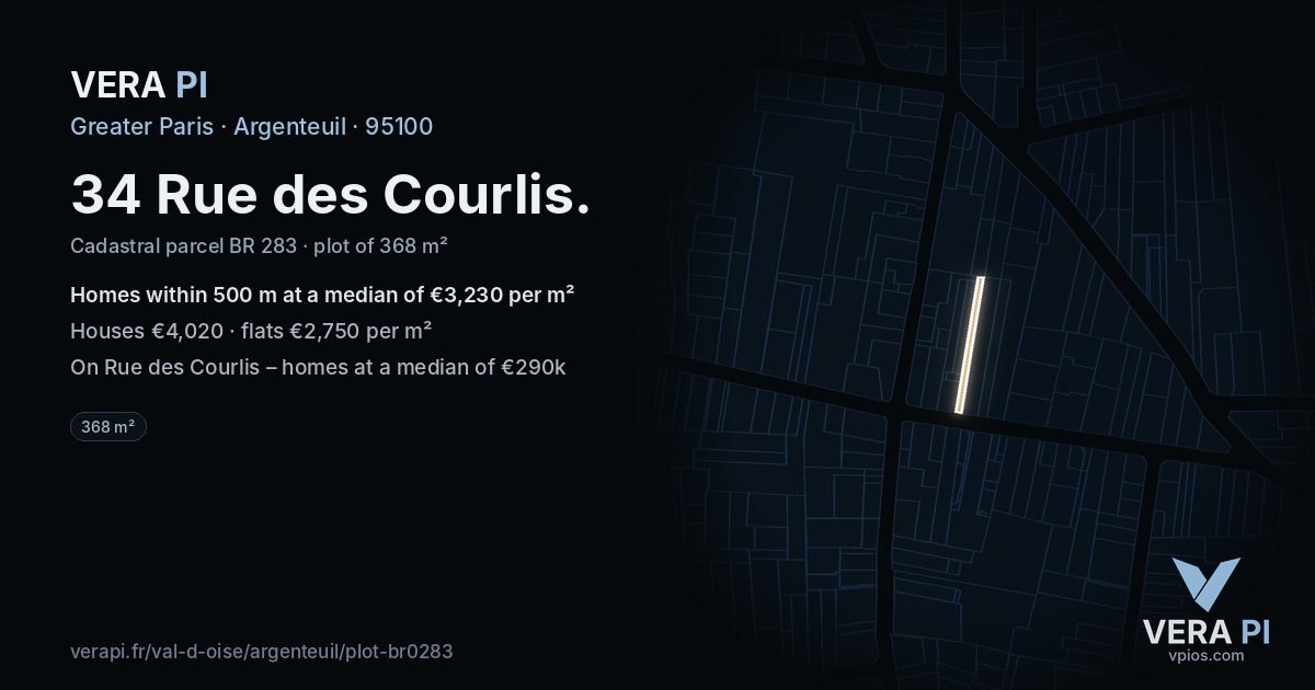 34 Rue des Courlis, Argenteuil at night – the plot lit, the parcels around coloured by the prices near them