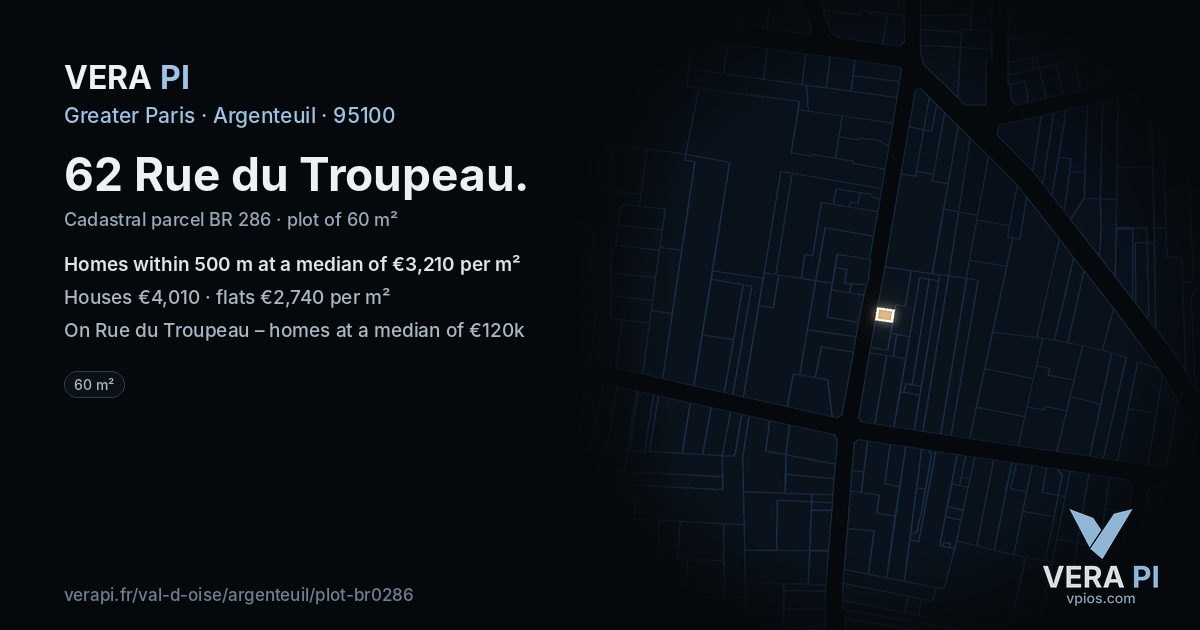 62 Rue du Troupeau, Argenteuil at night – the plot lit, the parcels around coloured by the prices near them