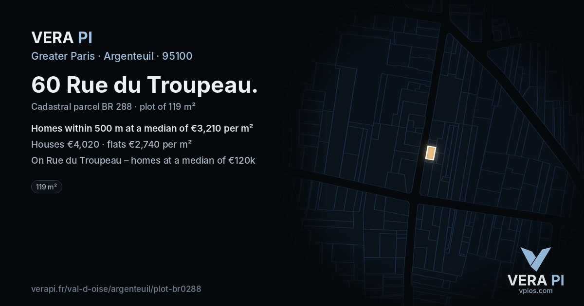 60 Rue du Troupeau, Argenteuil at night – the plot lit, the parcels around coloured by the prices near them
