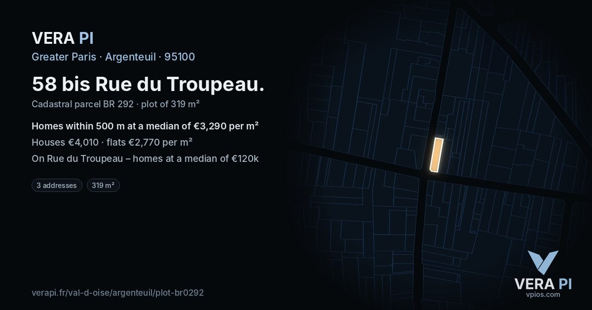 58 bis Rue du Troupeau, Argenteuil at night – the plot lit, the parcels around coloured by the prices near them