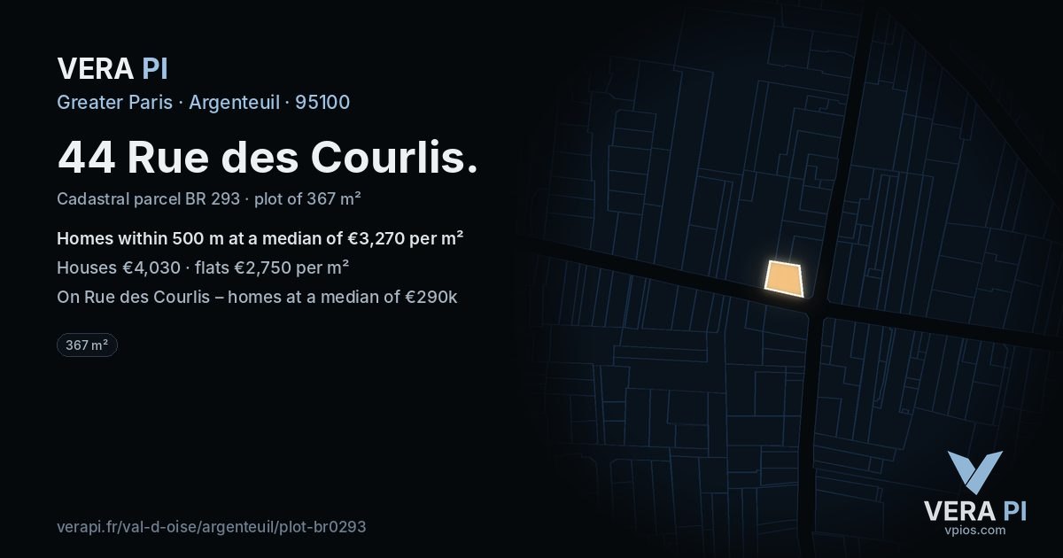 44 Rue des Courlis, Argenteuil at night – the plot lit, the parcels around coloured by the prices near them