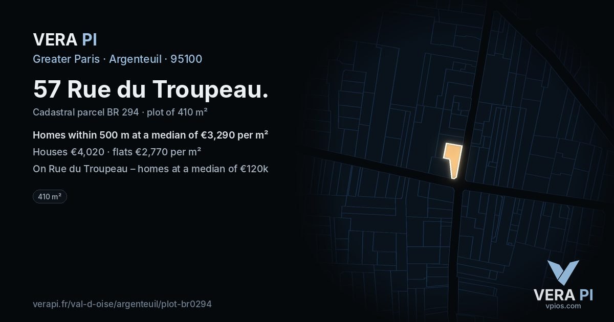 57 Rue du Troupeau, Argenteuil at night – the plot lit, the parcels around coloured by the prices near them