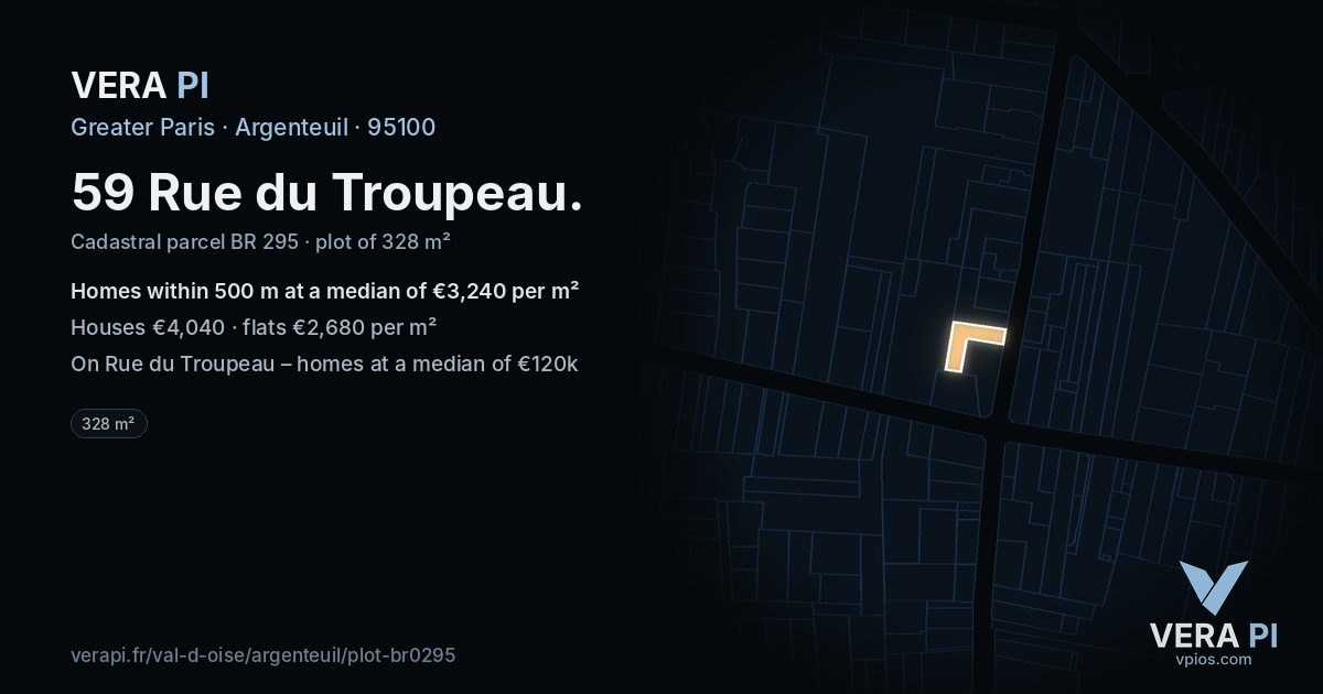 59 Rue du Troupeau, Argenteuil at night – the plot lit, the parcels around coloured by the prices near them