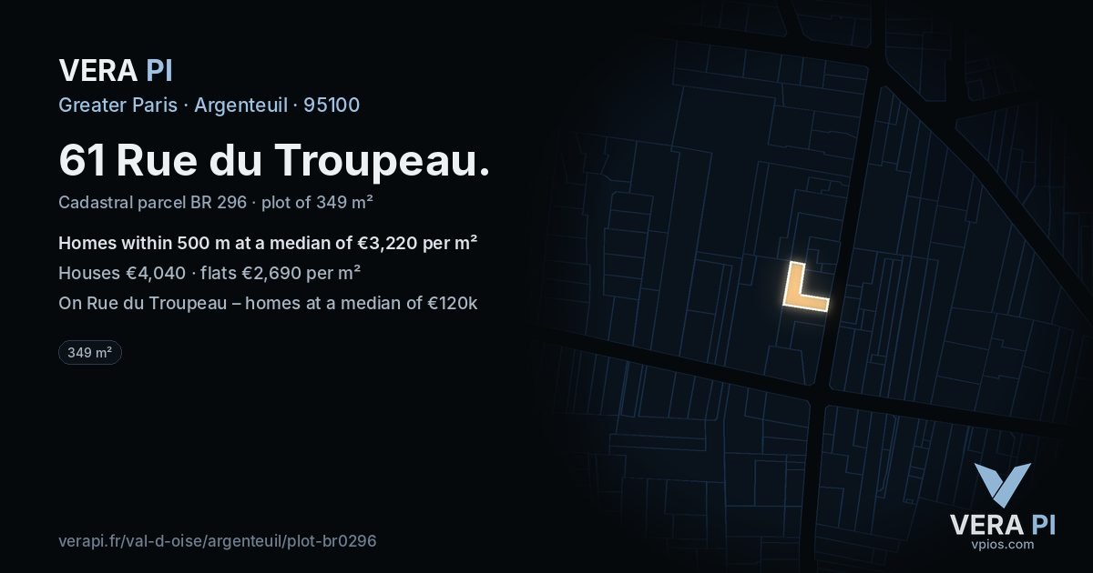 61 Rue du Troupeau, Argenteuil at night – the plot lit, the parcels around coloured by the prices near them