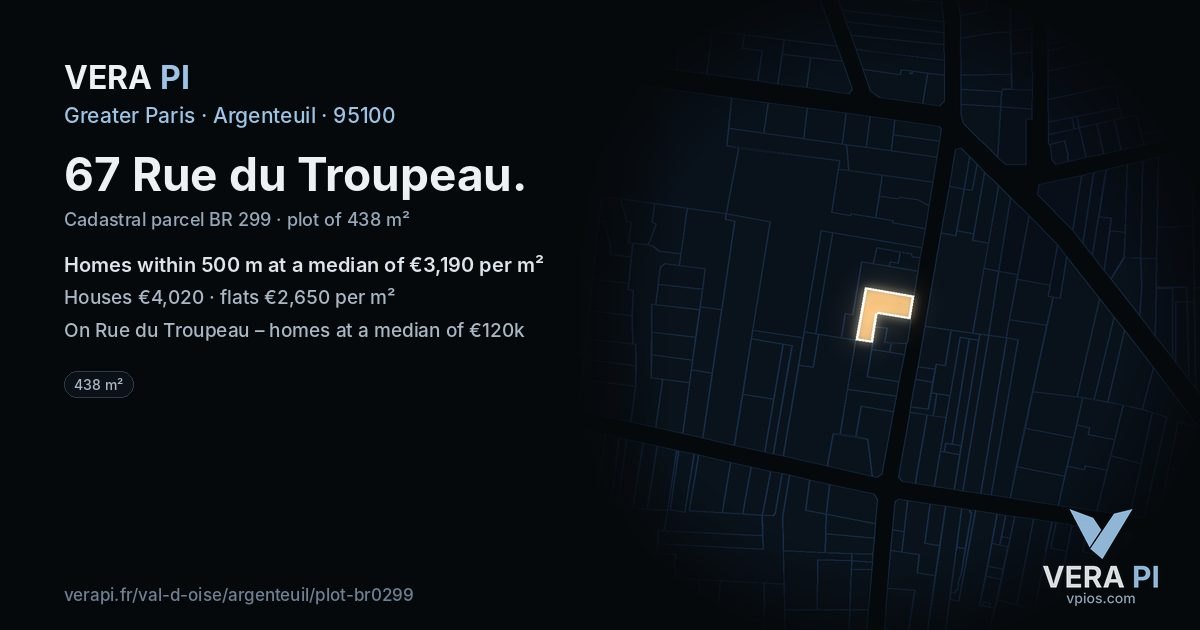 67 Rue du Troupeau, Argenteuil at night – the plot lit, the parcels around coloured by the prices near them