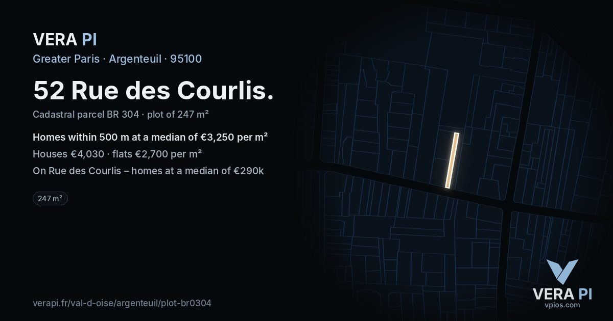 52 Rue des Courlis, Argenteuil at night – the plot lit, the parcels around coloured by the prices near them