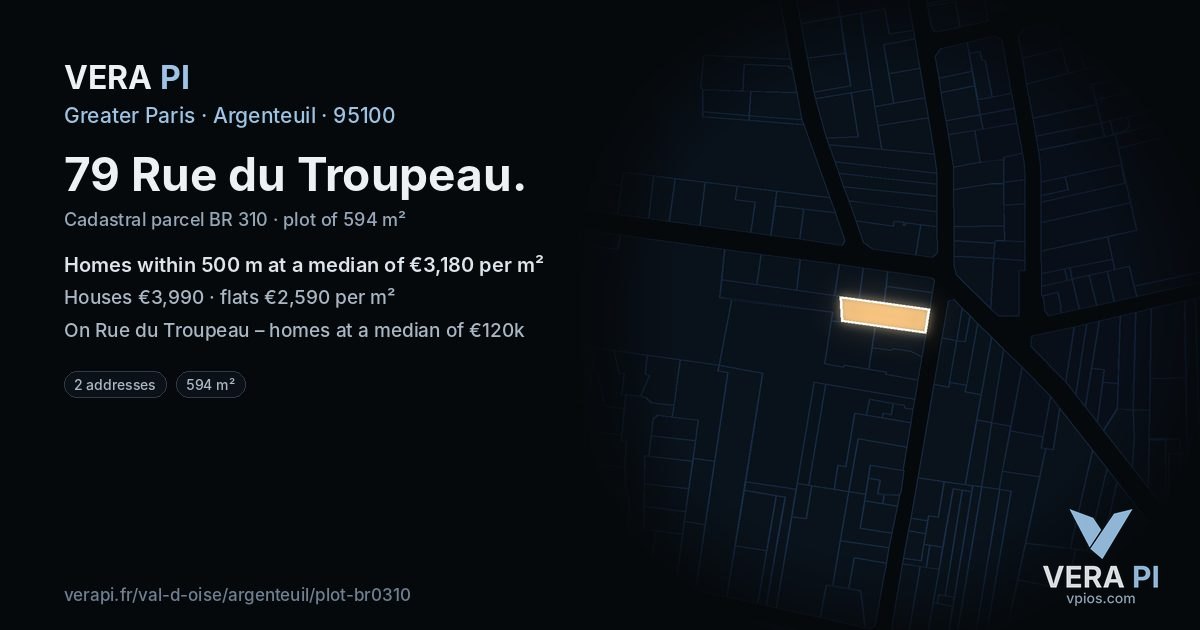 79 Rue du Troupeau, Argenteuil at night – the plot lit, the parcels around coloured by the prices near them