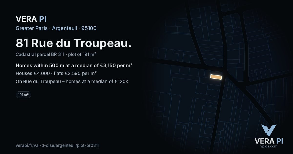 81 Rue du Troupeau, Argenteuil at night – the plot lit, the parcels around coloured by the prices near them