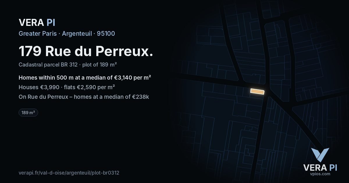 179 Rue du Perreux, Argenteuil at night – the plot lit, the parcels around coloured by the prices near them