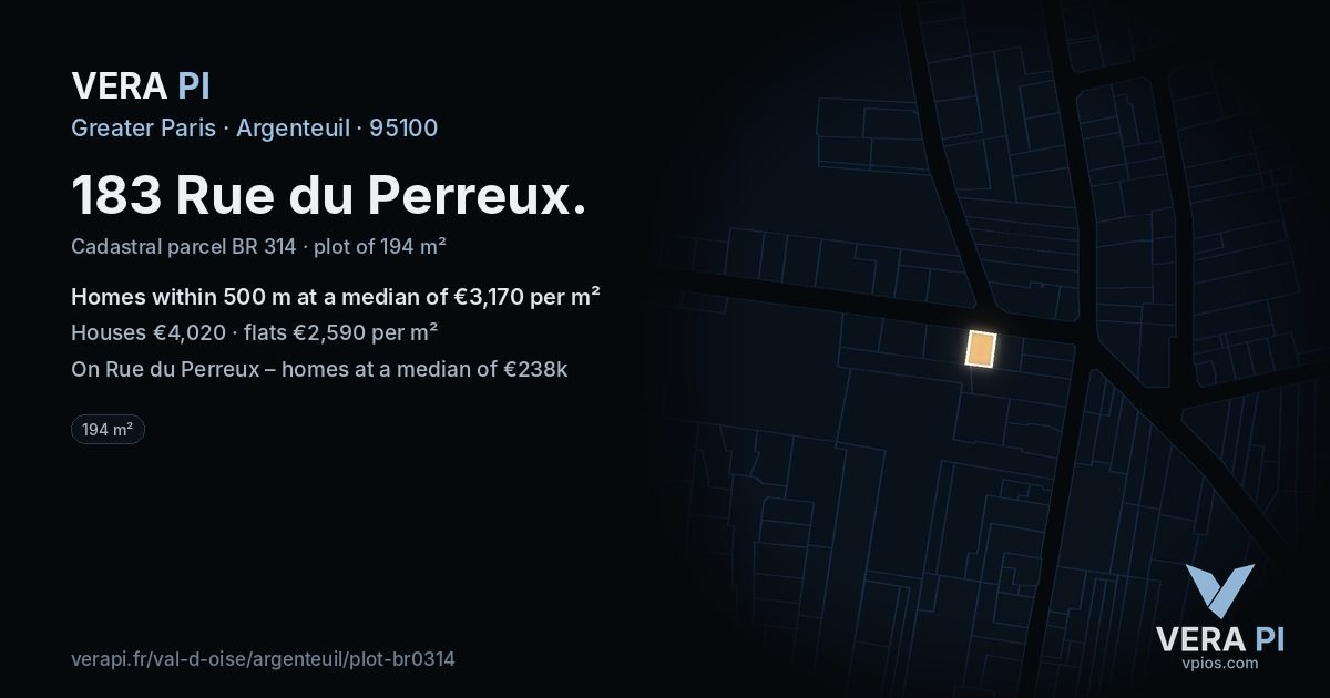 183 Rue du Perreux, Argenteuil at night – the plot lit, the parcels around coloured by the prices near them