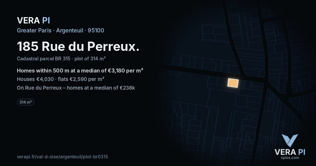 185 Rue du Perreux, Argenteuil at night – the plot lit, the parcels around coloured by the prices near them