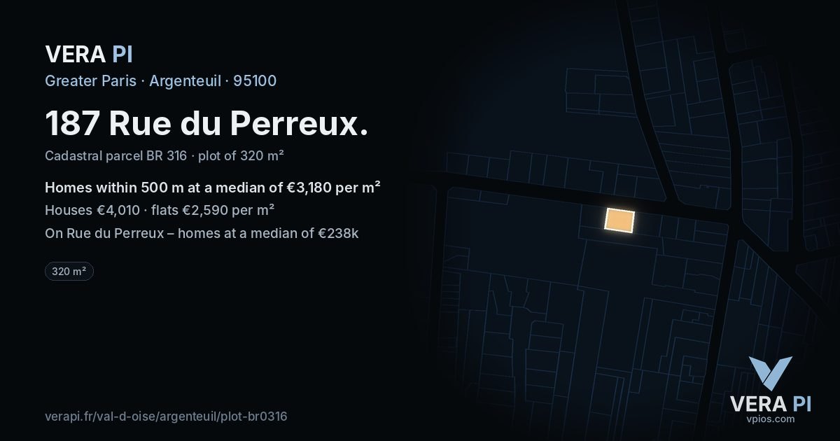 187 Rue du Perreux, Argenteuil at night – the plot lit, the parcels around coloured by the prices near them