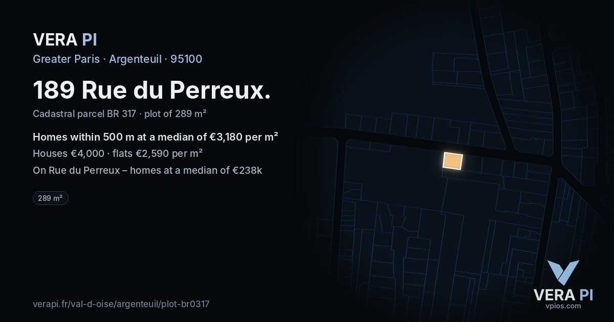 189 Rue du Perreux, Argenteuil at night – the plot lit, the parcels around coloured by the prices near them