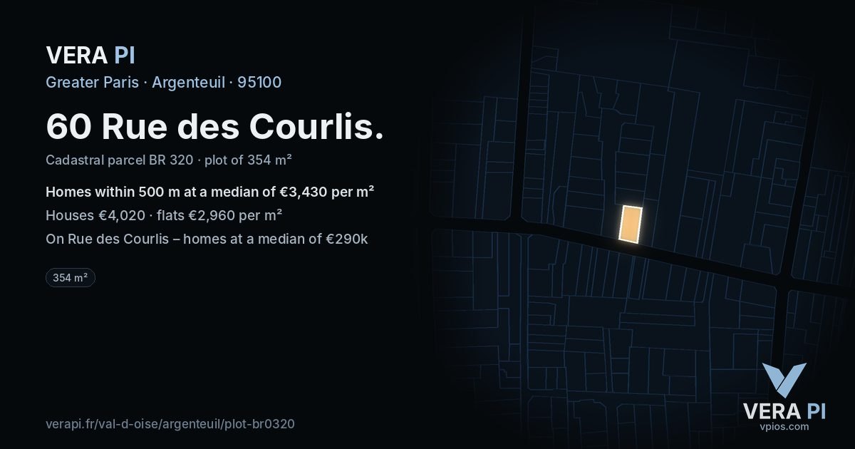 60 Rue des Courlis, Argenteuil at night – the plot lit, the parcels around coloured by the prices near them