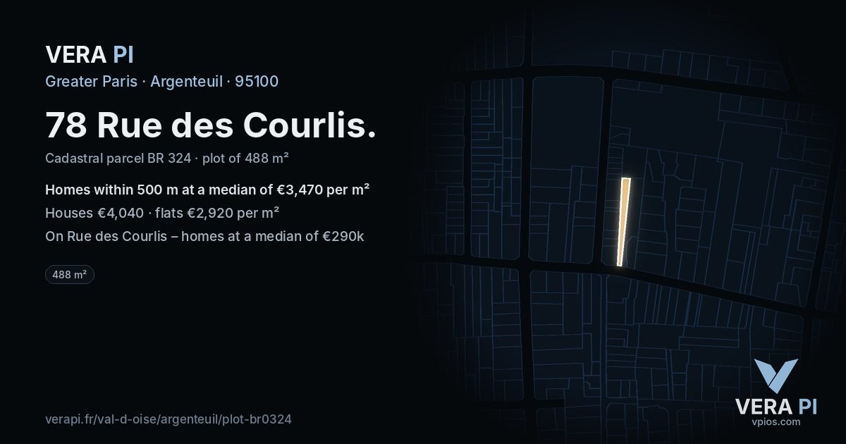 78 Rue des Courlis, Argenteuil at night – the plot lit, the parcels around coloured by the prices near them