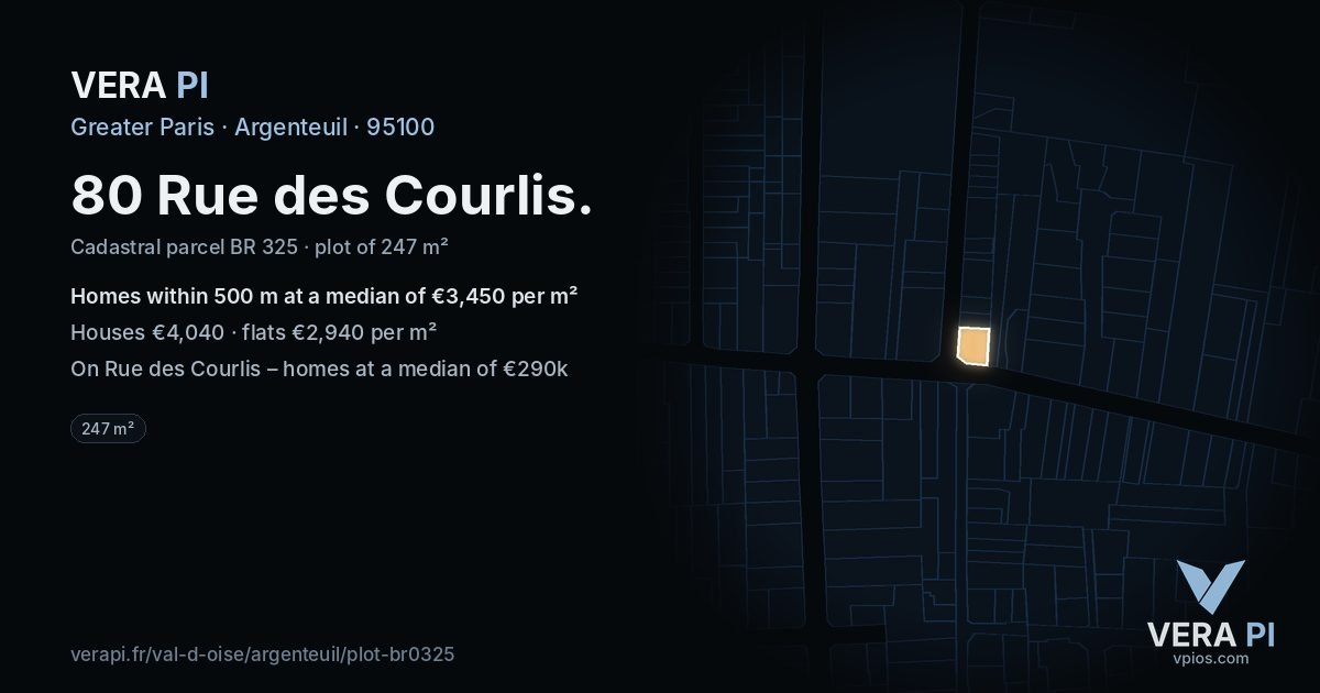 80 Rue des Courlis, Argenteuil at night – the plot lit, the parcels around coloured by the prices near them