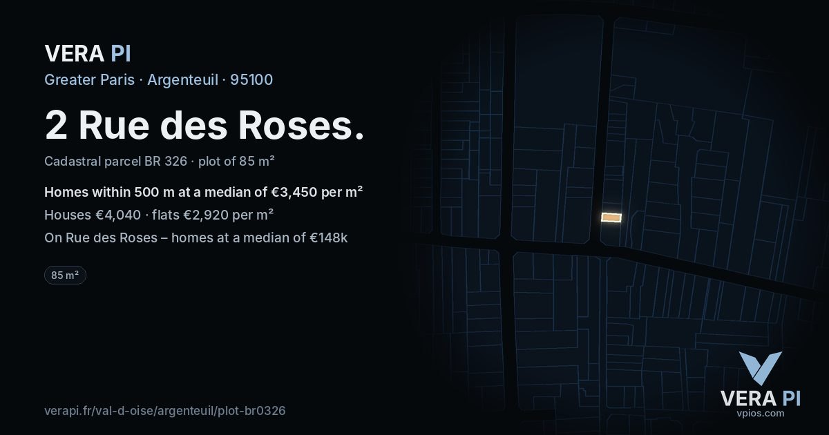 2 Rue des Roses, Argenteuil at night – the plot lit, the parcels around coloured by the prices near them