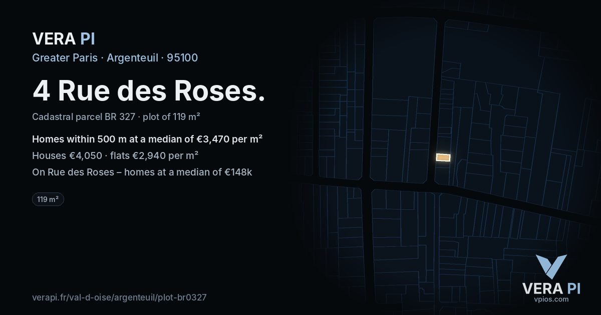 4 Rue des Roses, Argenteuil at night – the plot lit, the parcels around coloured by the prices near them