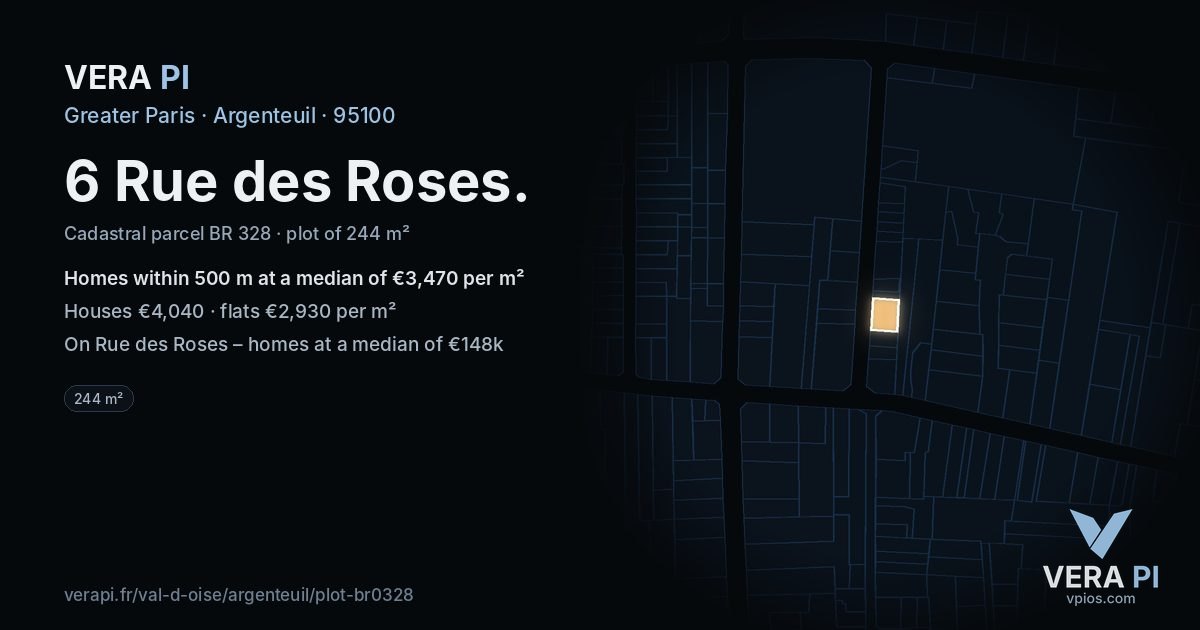 6 Rue des Roses, Argenteuil at night – the plot lit, the parcels around coloured by the prices near them