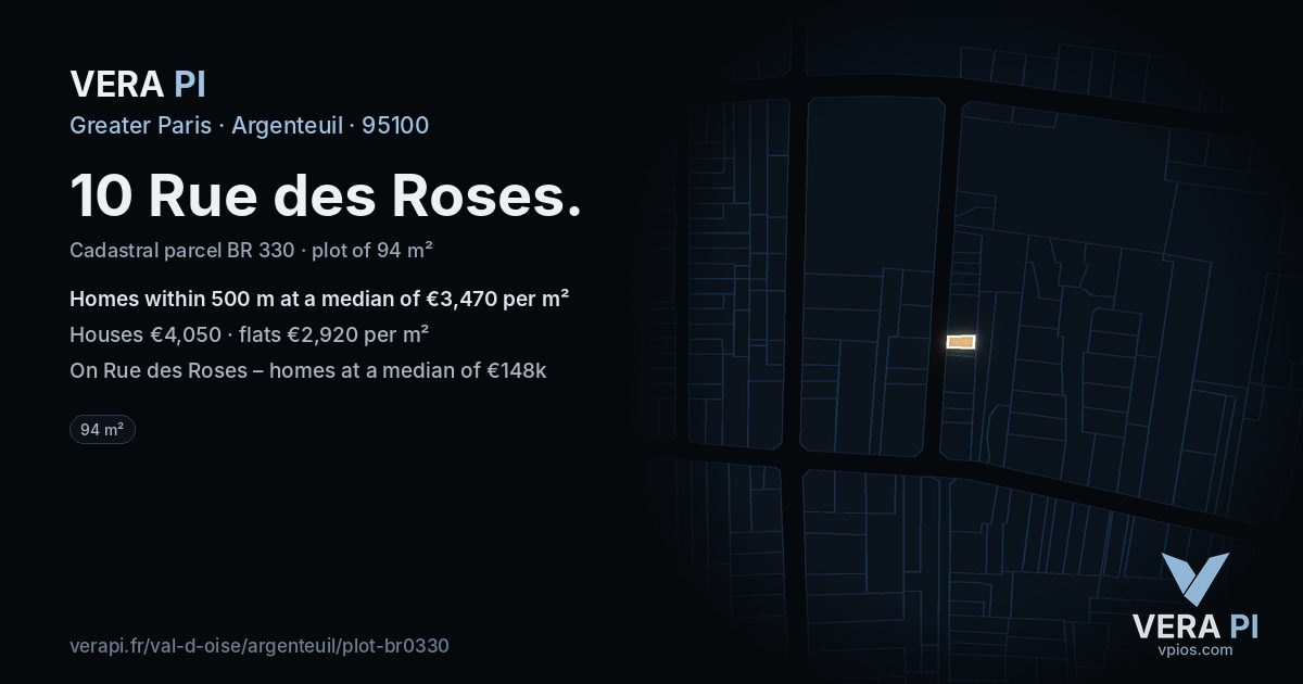10 Rue des Roses, Argenteuil at night – the plot lit, the parcels around coloured by the prices near them
