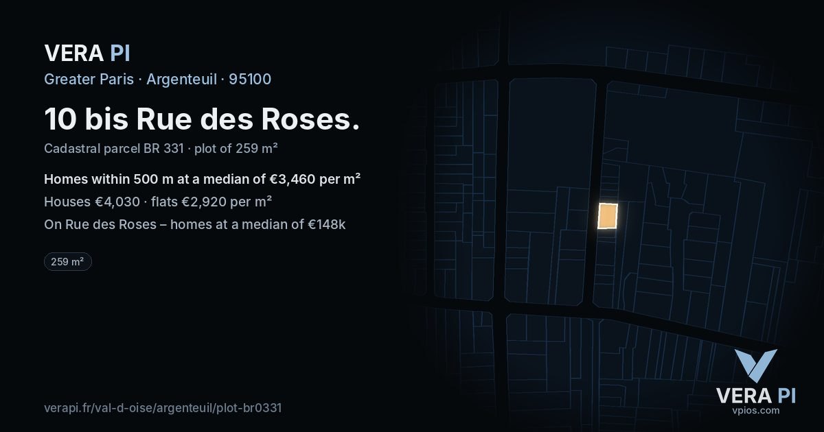 10 bis Rue des Roses, Argenteuil at night – the plot lit, the parcels around coloured by the prices near them
