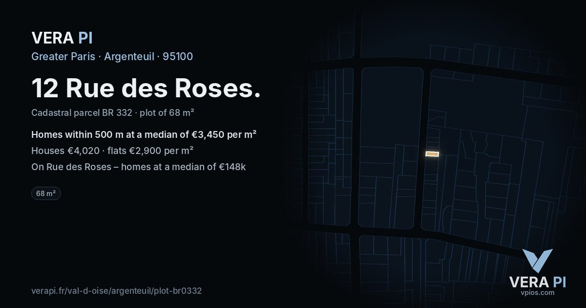 12 Rue des Roses, Argenteuil at night – the plot lit, the parcels around coloured by the prices near them