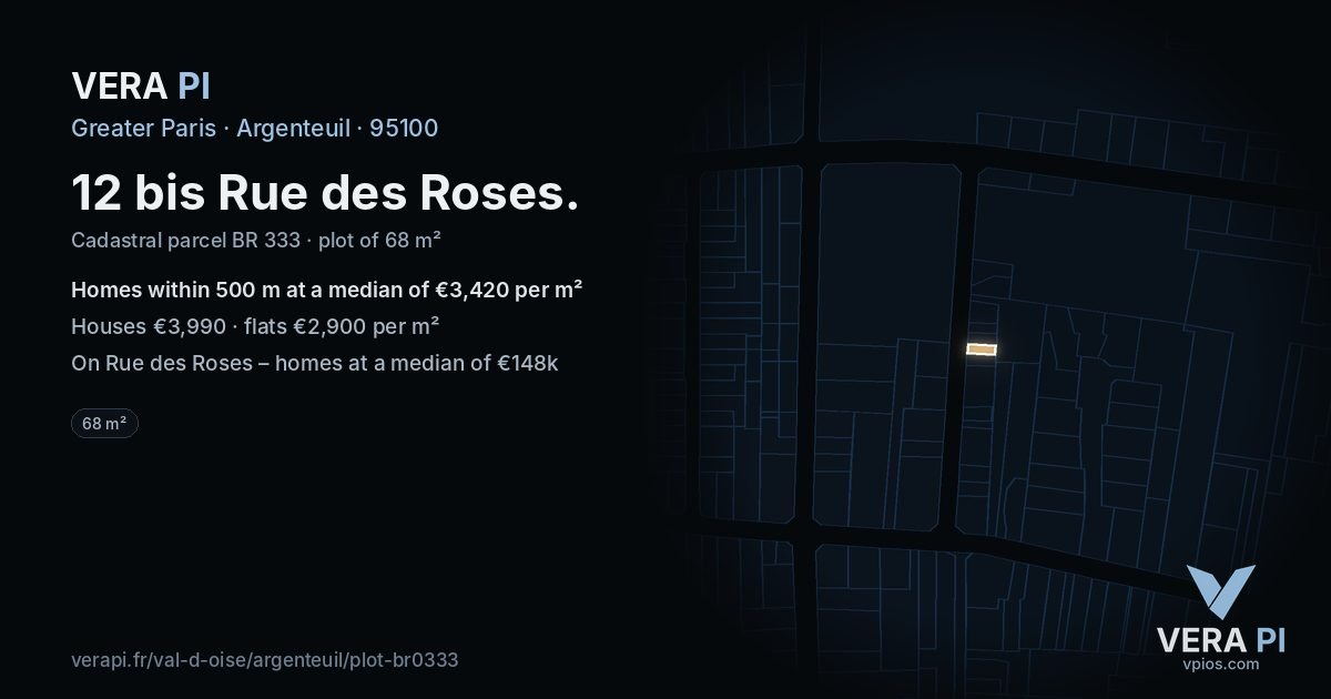 12 bis Rue des Roses, Argenteuil at night – the plot lit, the parcels around coloured by the prices near them