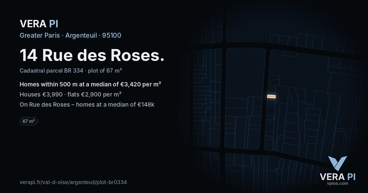 14 Rue des Roses, Argenteuil at night – the plot lit, the parcels around coloured by the prices near them